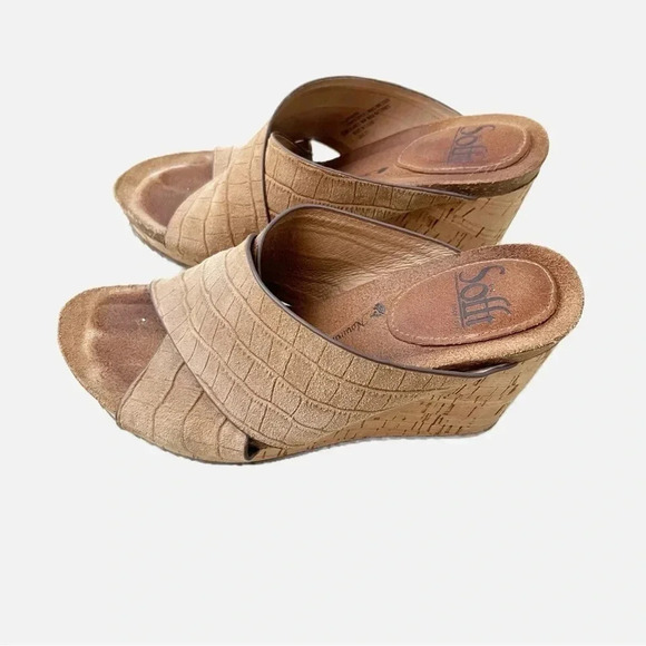 Sofft Leather Ciera Croc Embossed Wood Wedge Open Toe Sandals Shoes Size 6 - Picture 1 of 8